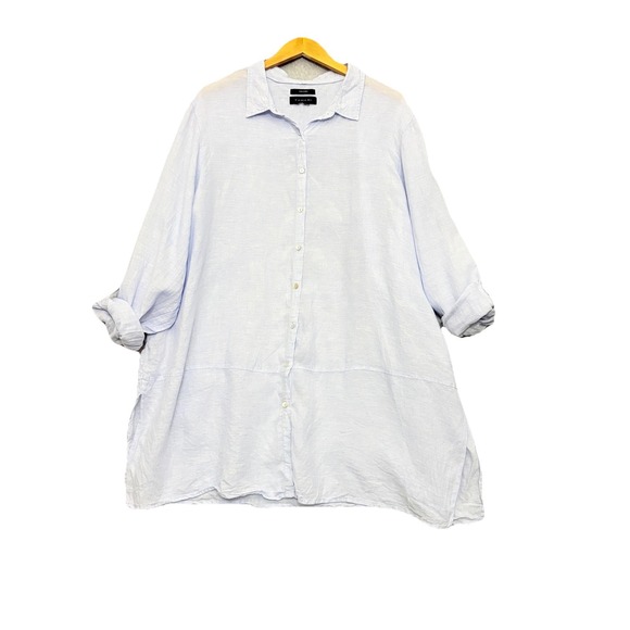Tahari 100% Linen Button Tunic Roll Tab Sleeve Long Line 3X Blue Summer Beachy - Picture 1 of 7